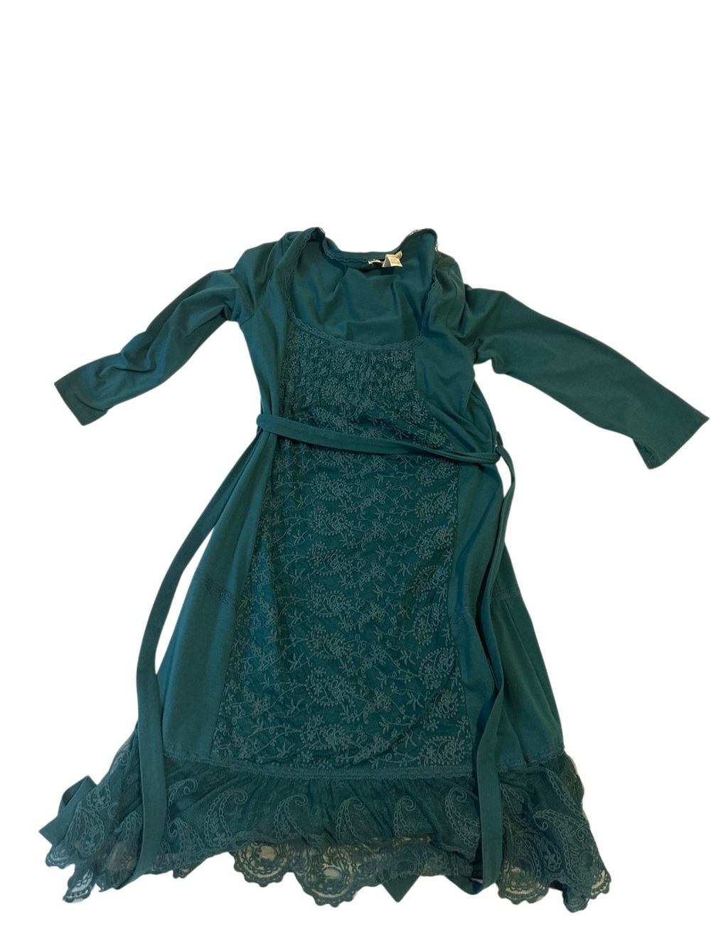 Teal Lace-Front Long Sleeve Formal Dress with Waist Tie